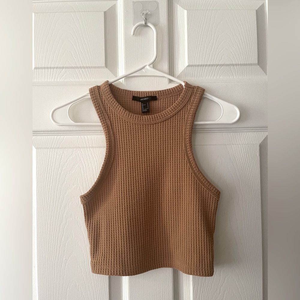 Forever 21: Tan, Waffle-knit, High-neck Tank